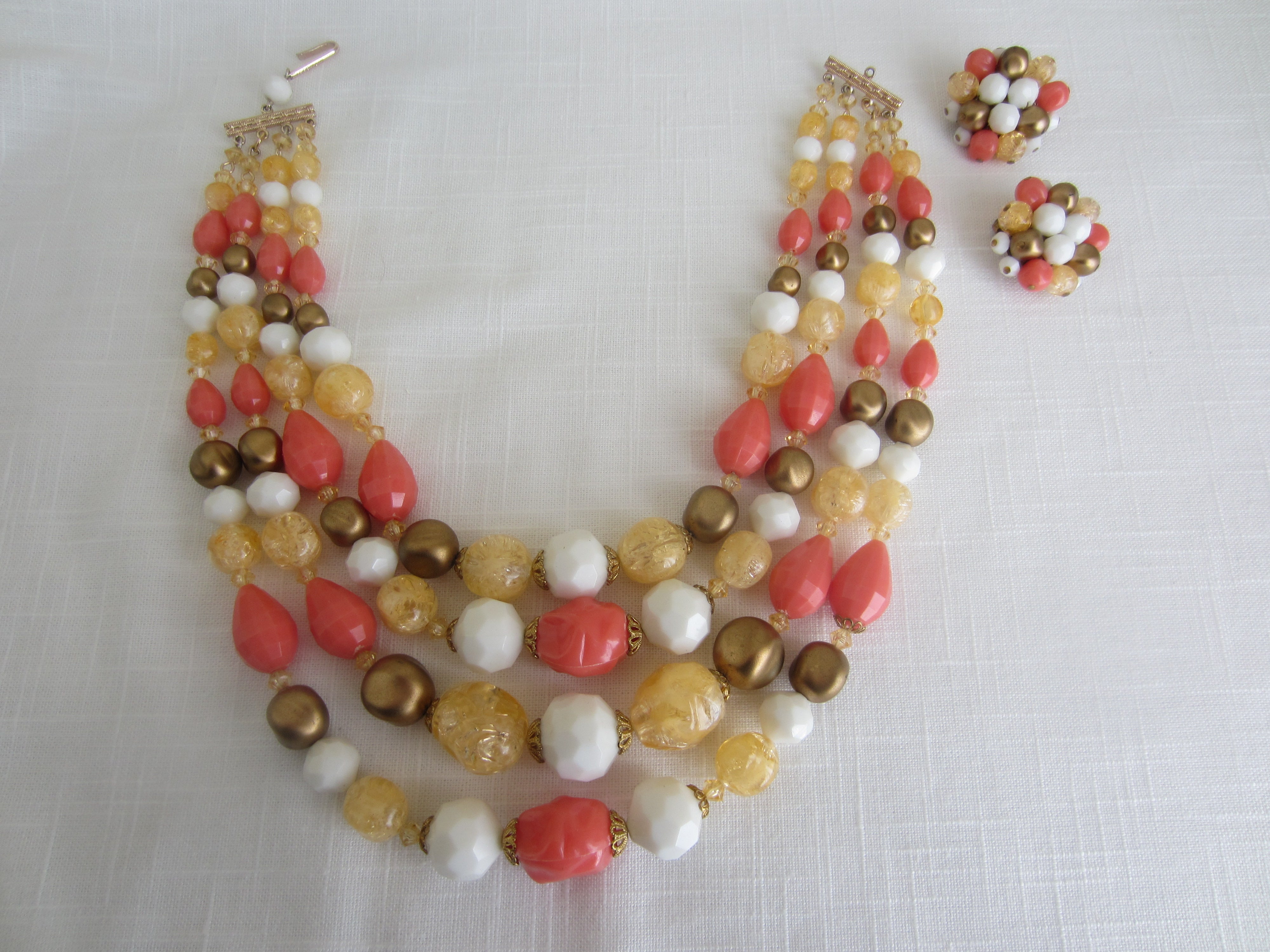 Vintage Multi Strand Beaded Necklace and Earrings Set