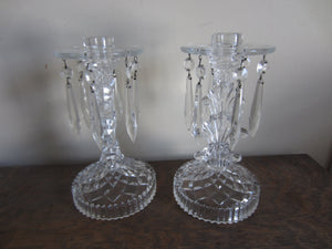 Pair of Clear Glass Taper Candle Holders with Crystals