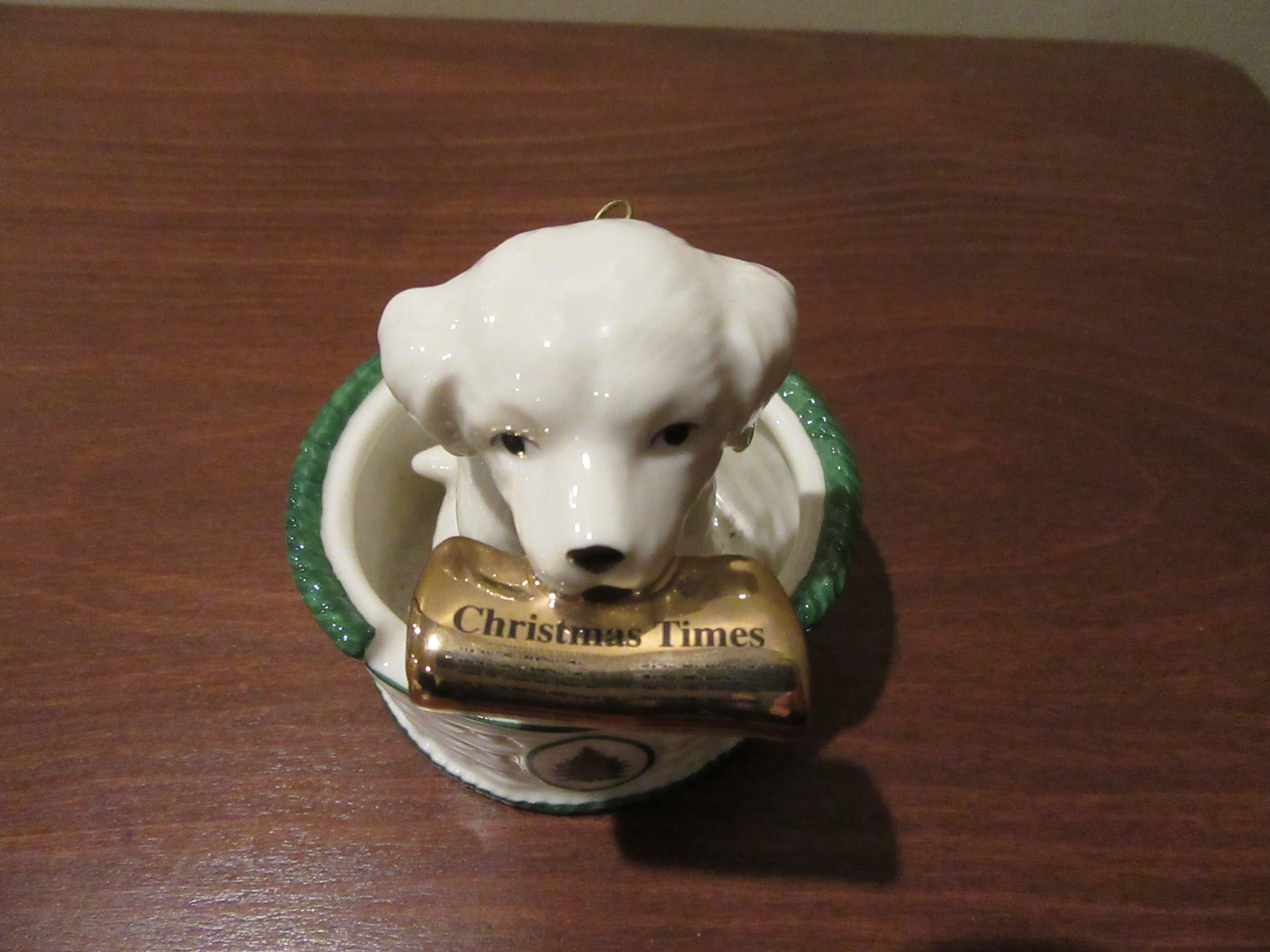 SPODE Puppy in Basket Porcelain Ornament