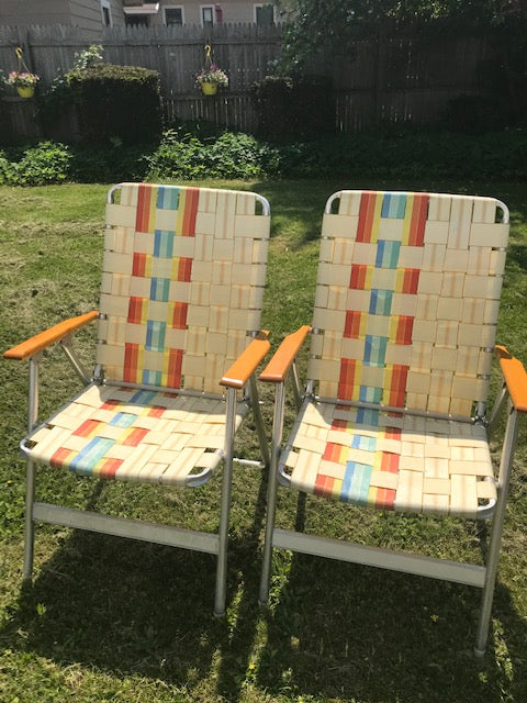 Pair of Vintage Aluminum Folding Chairs Beige with Rainbow Colors