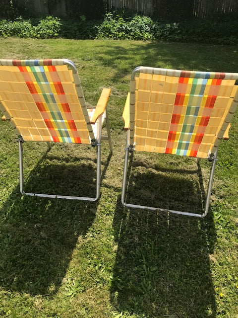 Pair of Vintage Aluminum Folding Chairs Beige with Rainbow Colors