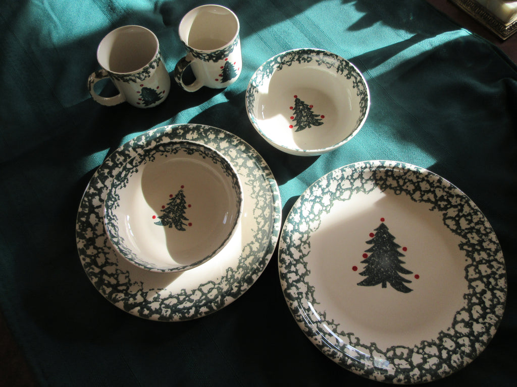Winter Wonderland Dish Set by Tienshen with Emerald Green Table cloth