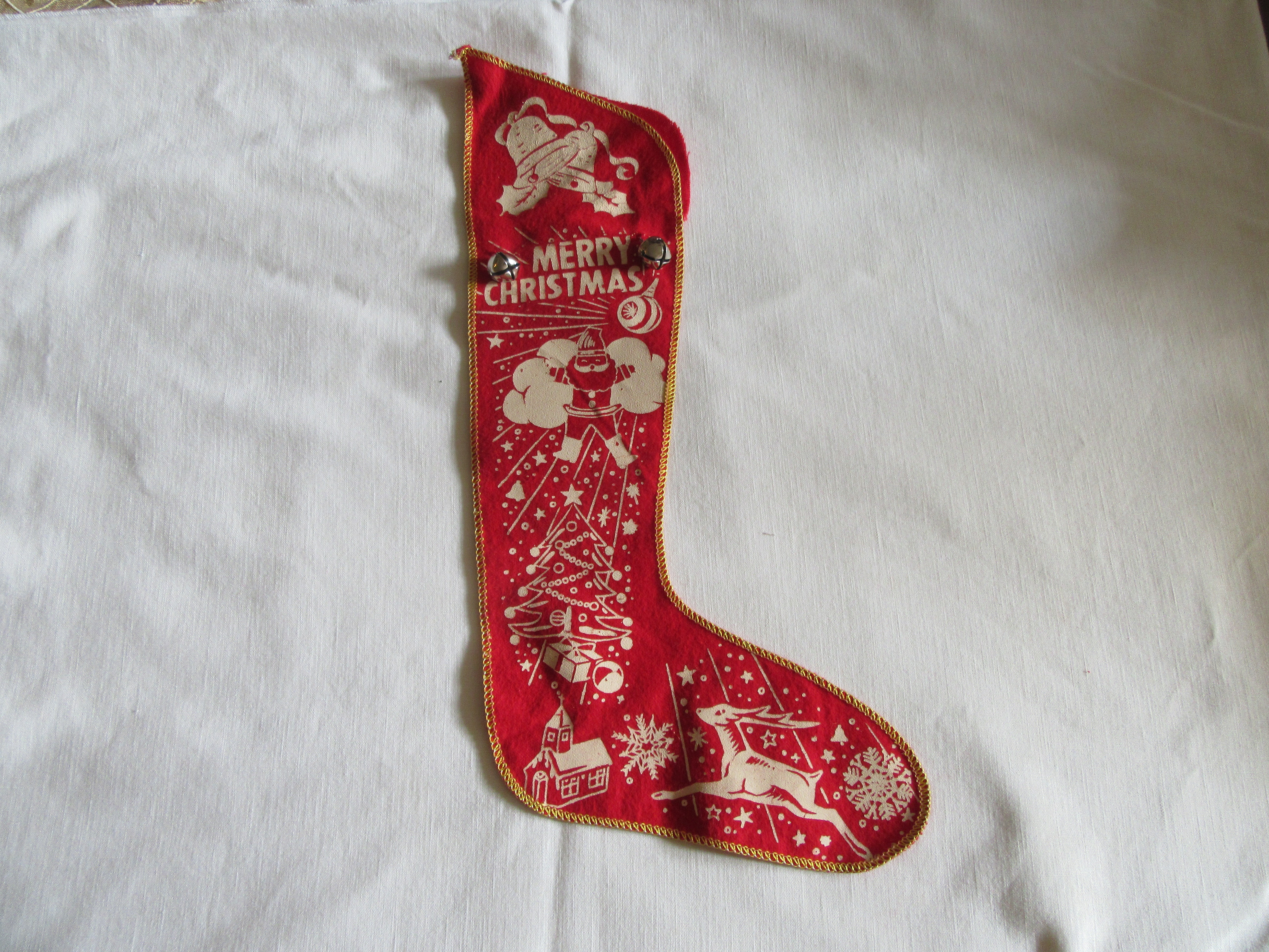 Vintage 1950's Felt Stenciled Stocking with Jingle Bells