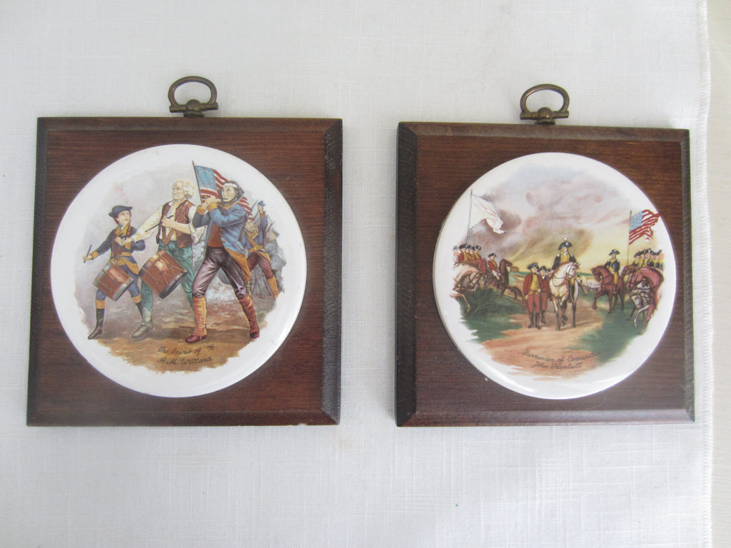Pair of Vintage Patriotic Wall Plaques Wood Ceramic
