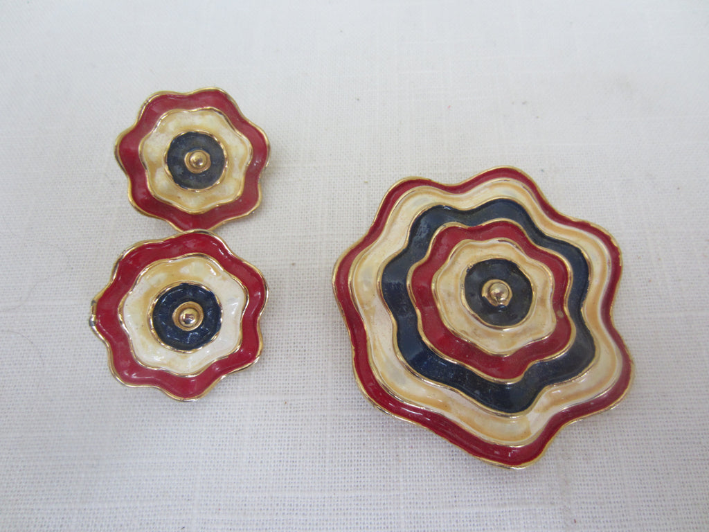 Vintage Enameled Marvella Patriotic Brooch Earrings Set