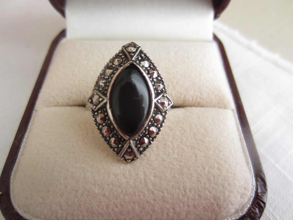 Onyx Marquis Cut Ring in silver setting
