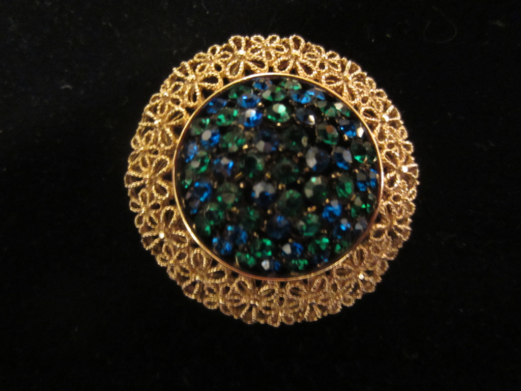 Vintage Signed Karu Arke Gold Tone Filigree and Crystal Pin