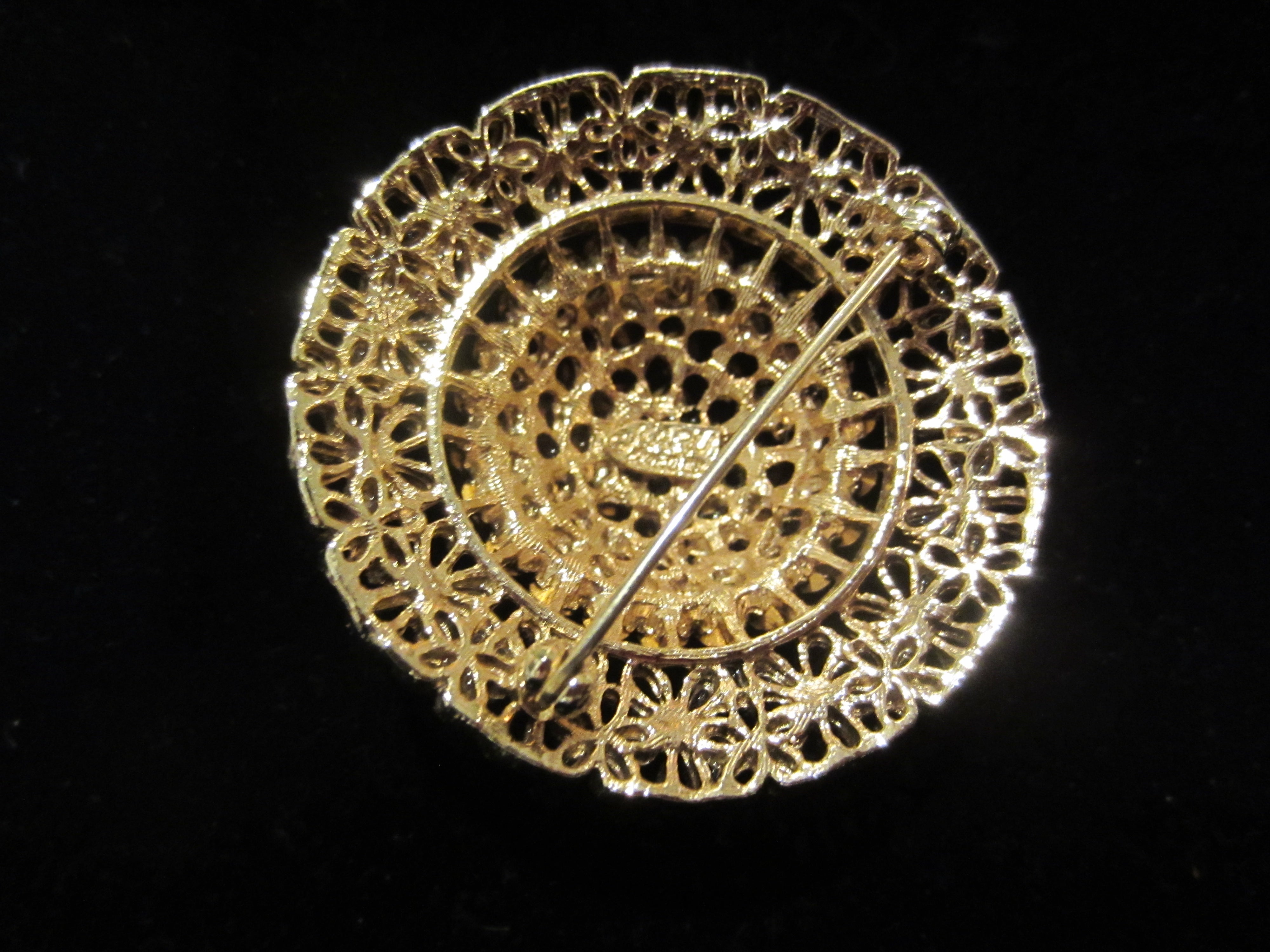 Vintage Signed Karu Arke Gold Tone Filigree and Crystal Pin