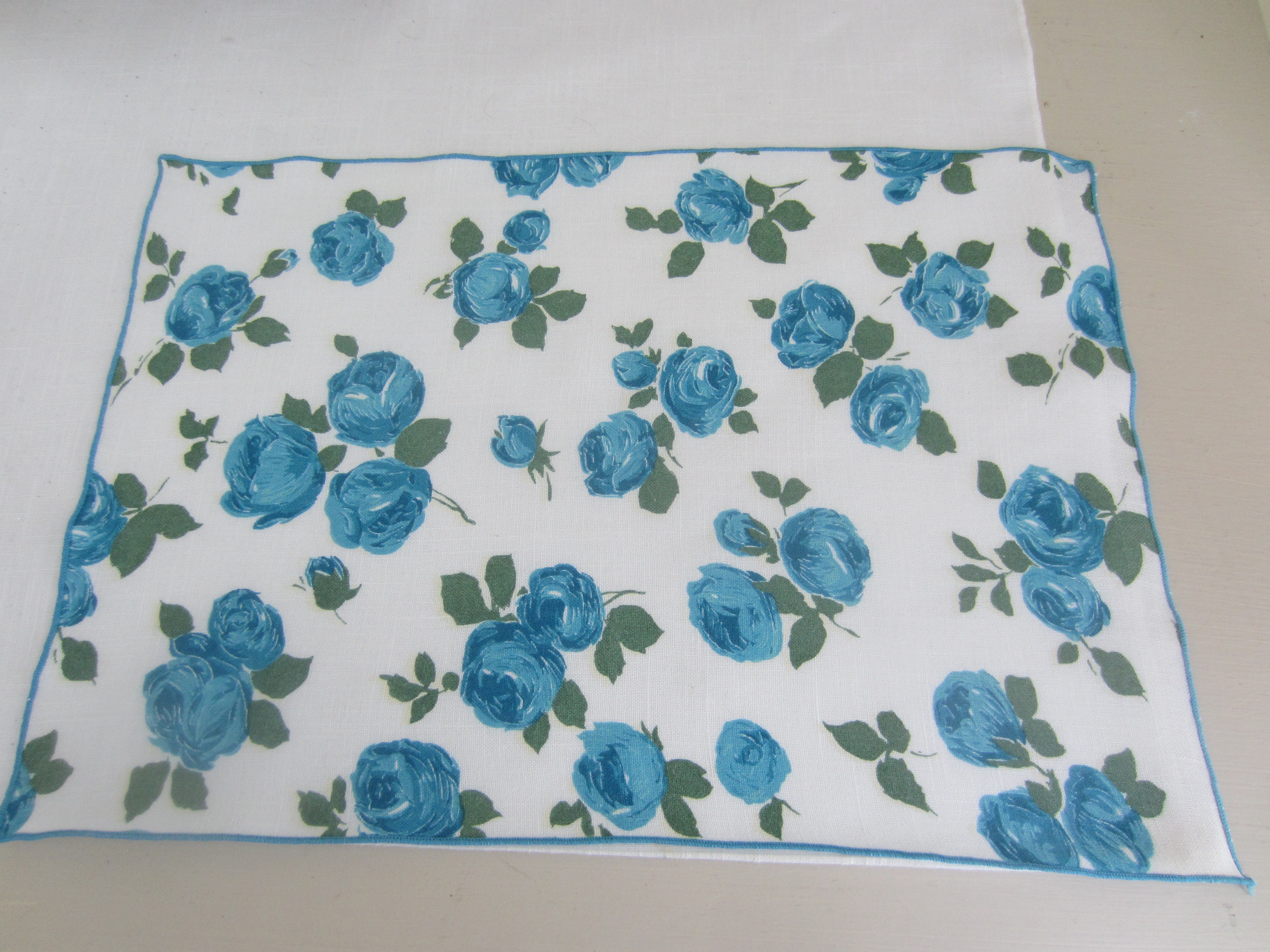 (4) Vintage Blue Roses Floral Cloth Placemats