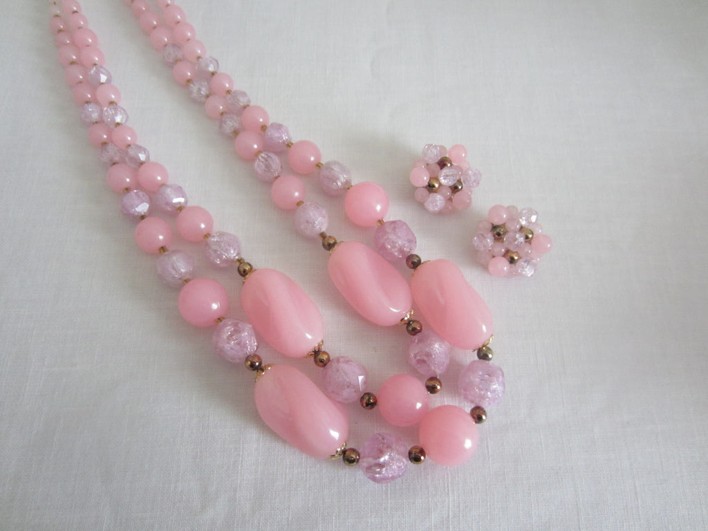 Germany Vintage Pink Bead Necklace and Earrings Set