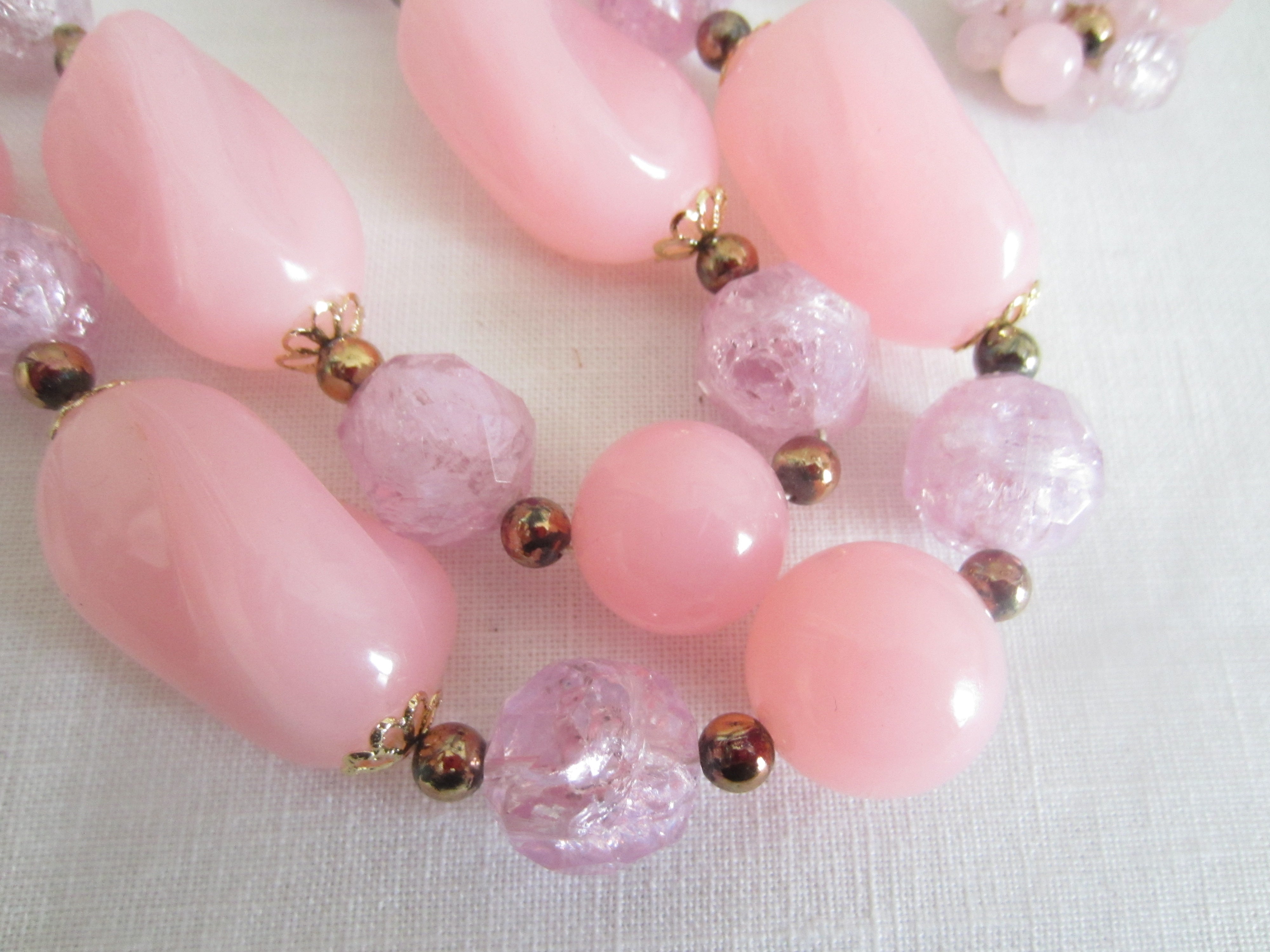 Germany Vintage Pink Bead Necklace and Earrings Set