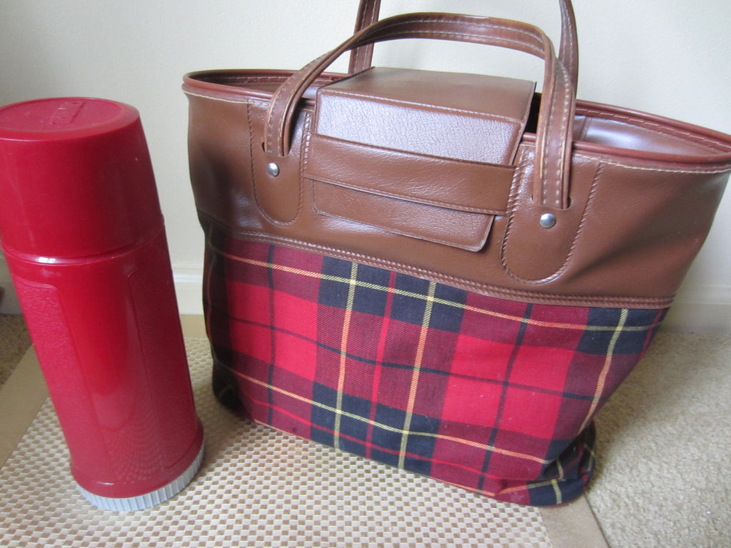 Vintage Thermos Set with Plaid Carry Bag