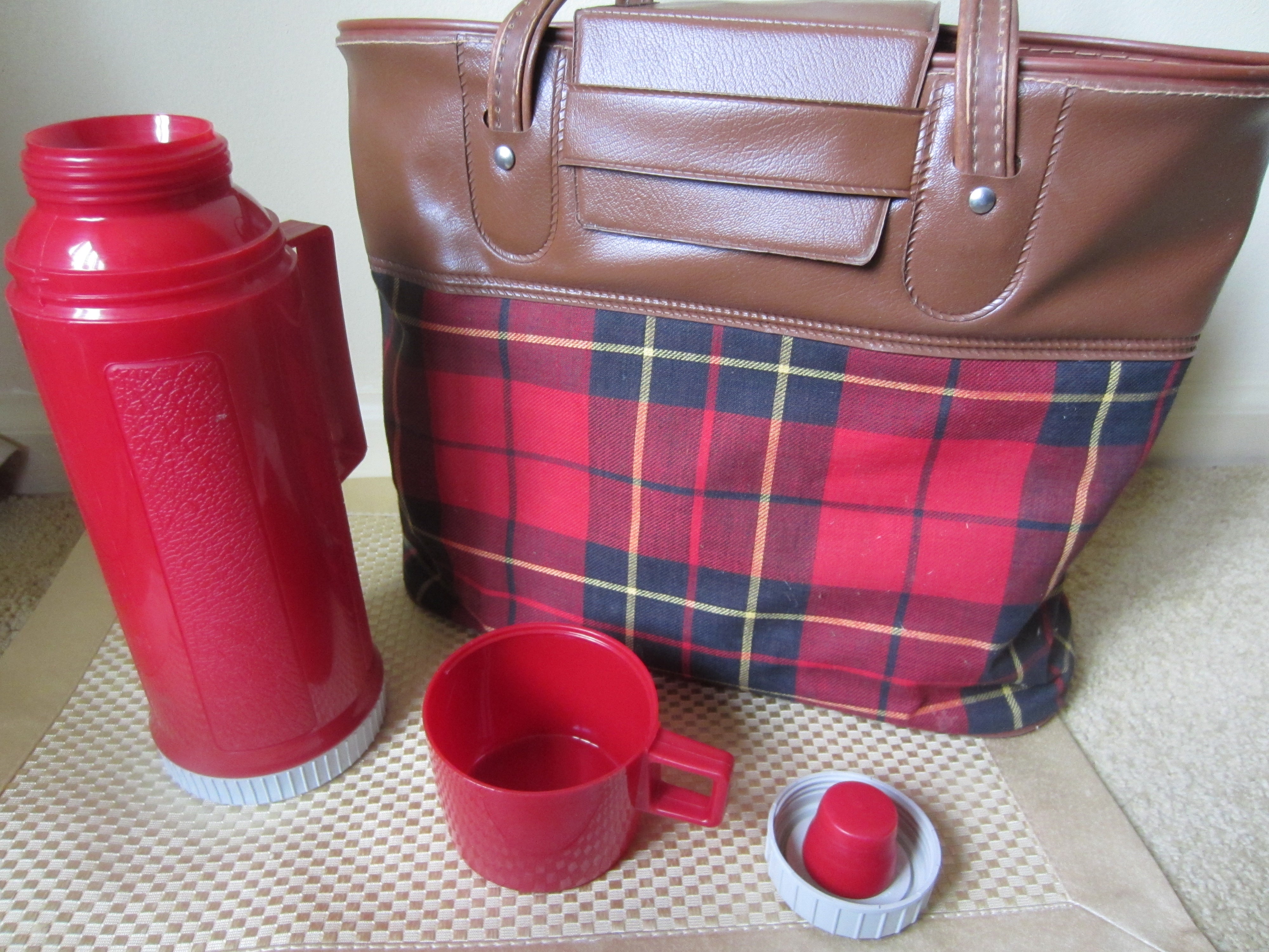 Vintage Thermos Set with Plaid Carry Bag